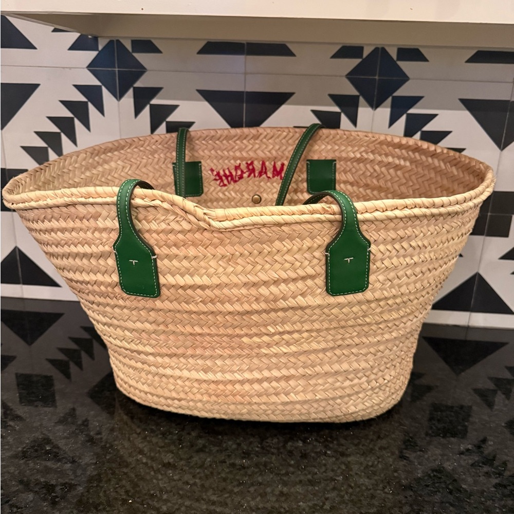Tory Burch x Doum Straw Tote with Green Logo and Multicolor Floral Embroidery - Picture 3 of 9